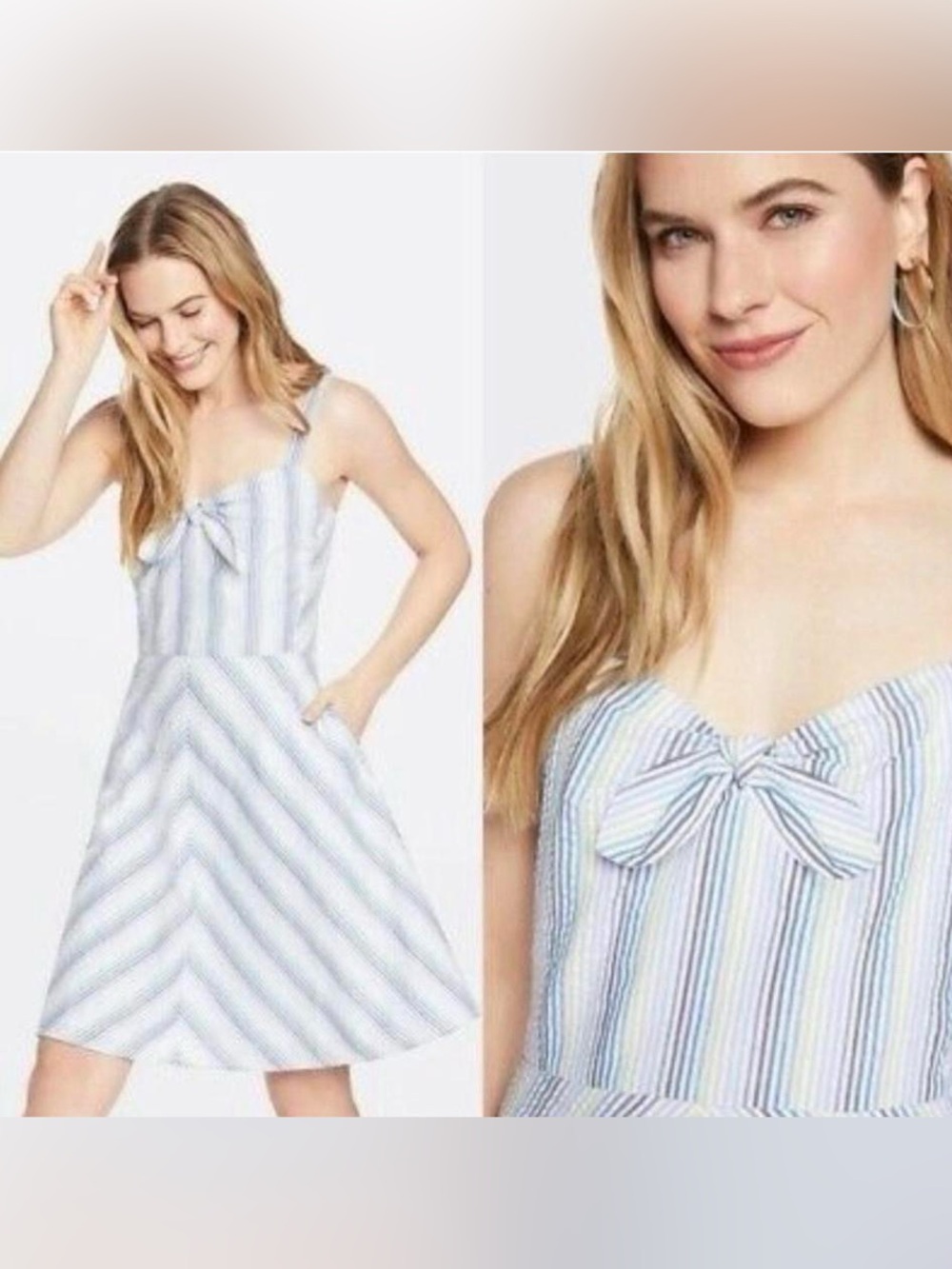 Draper James Seersucker Chevron Stripe Bow Front Pocket Dress 6